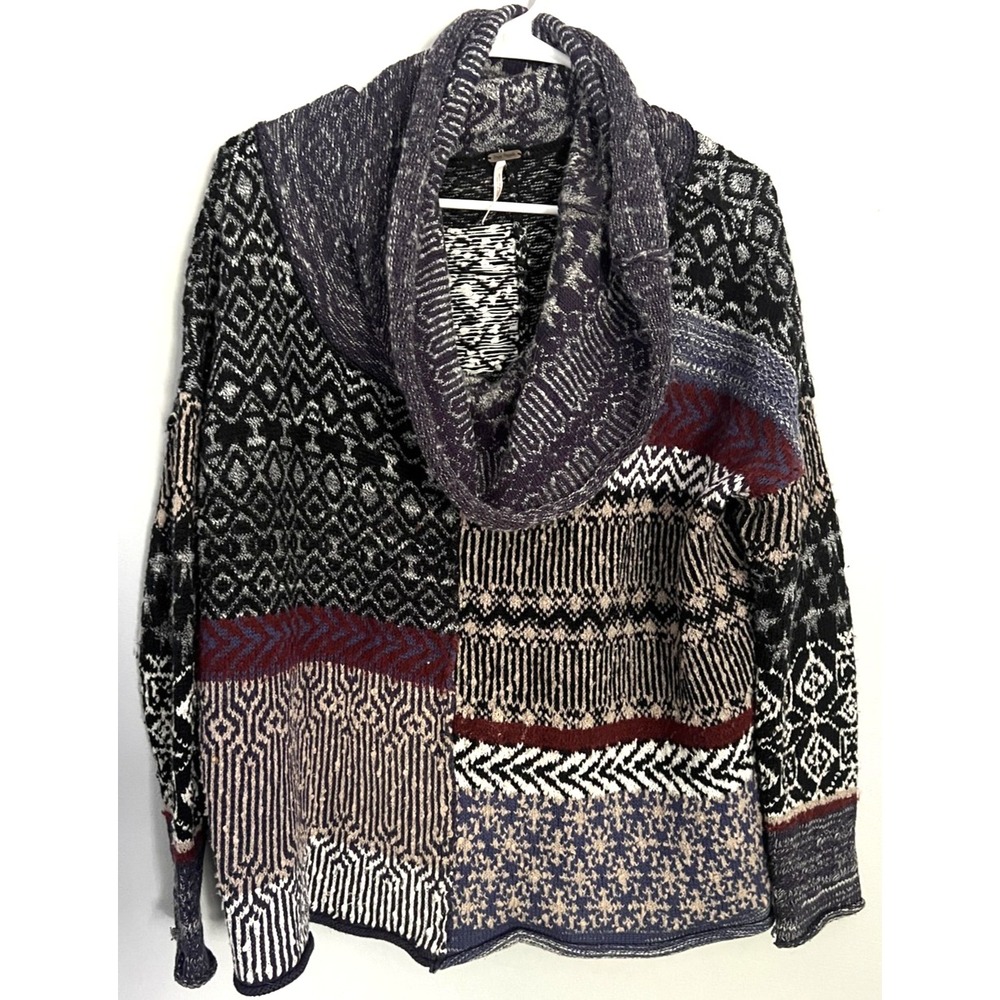 Free People Sweater Womens Small Black Multi Cowl Neck Patchwork Knit Pullover